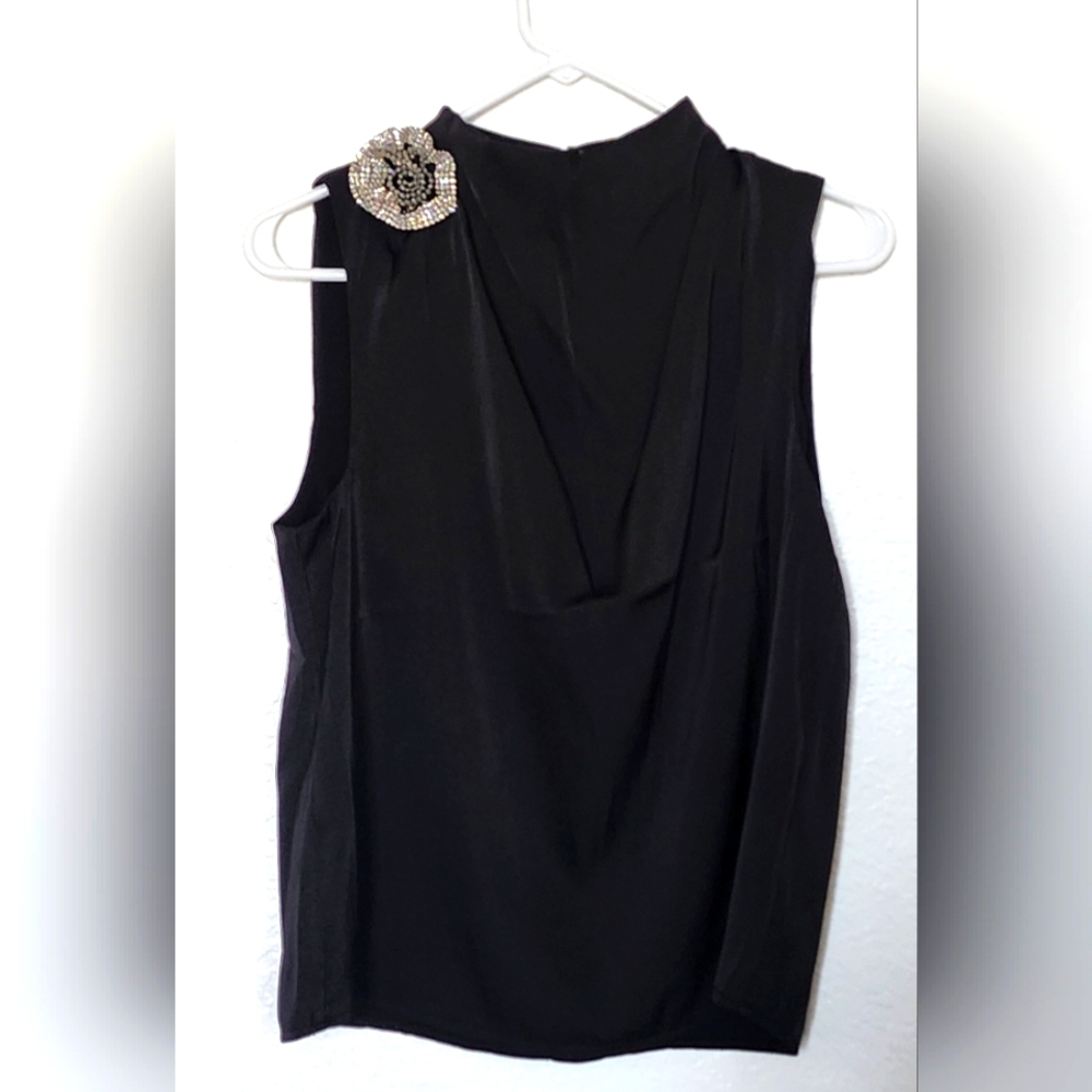 JOIE Black Sleeveless Top with Silver Embellished Rose.  Size XS